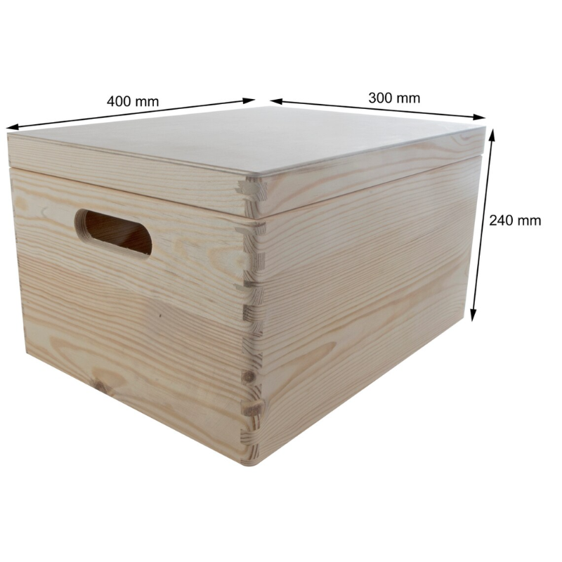 Large Unfinished Pine Wooden Storage Box with Hinged Lid & Cut-Out Handles | Toy Chest, Craft & Keepsake Storage
