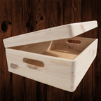 Large Shallow Unfinished Pine Wooden Storage Box with Hinged Lid & Cut-Out Handles