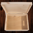 Large Shallow Unfinished Pine Wooden Storage Box with Hinged Lid & Cut-Out Handles