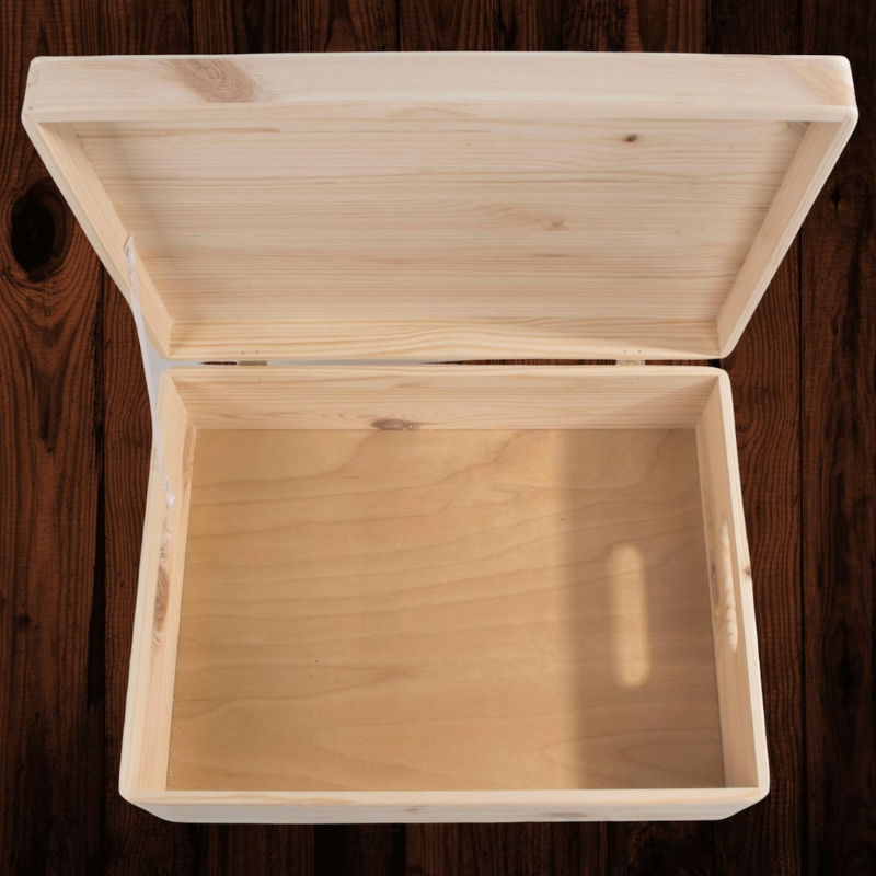 Large Shallow Unfinished Pine Wooden Storage Box with Hinged Lid & Cut-Out Handles