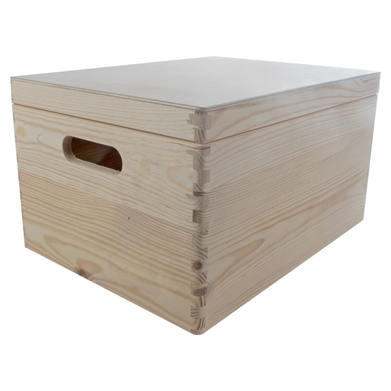 Large Unfinished Pine Wooden Storage Box with Hinged Lid & Cut-Out Handles | Toy Chest, Craft & Keepsake Storage