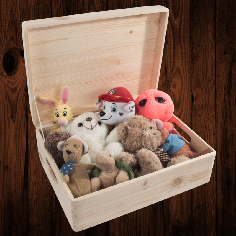 Large Shallow Unfinished Pine Wooden Storage Box with Hinged Lid & Cut-Out Handles