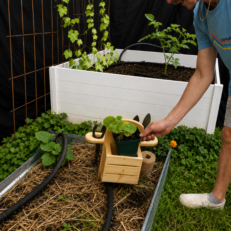 Handmade Wooden Garden Caddy with Ground Stakes