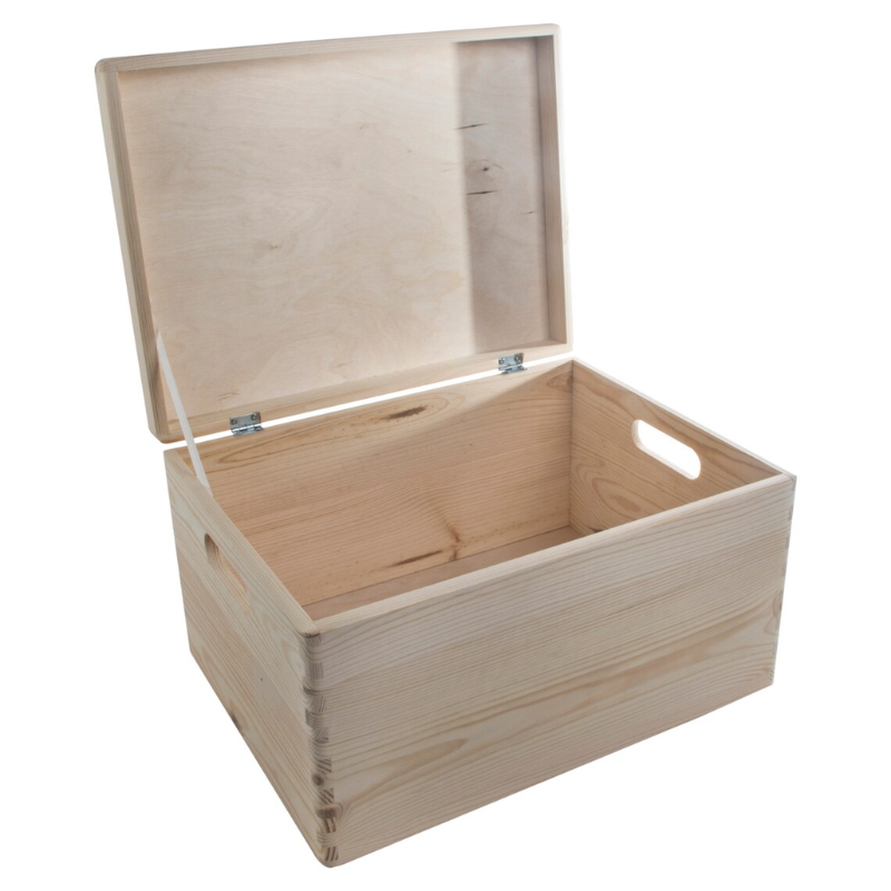 Large Unfinished Pine Wooden Storage Box with Hinged Lid & Cut-Out Handles | Toy Chest, Craft & Keepsake Storage