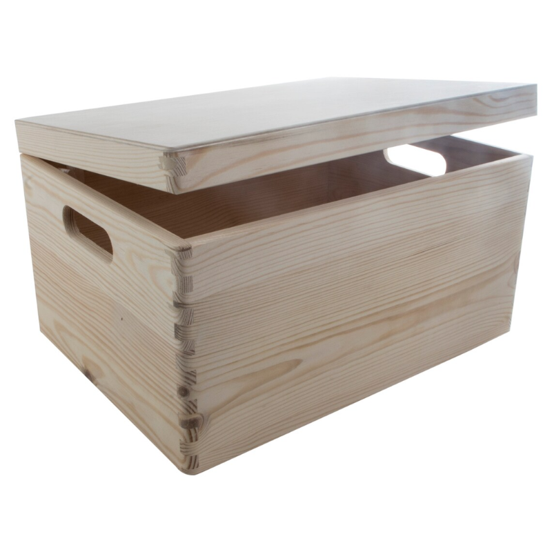 Large Unfinished Pine Wooden Storage Box with Hinged Lid & Cut-Out Handles | Toy Chest, Craft & Keepsake Storage