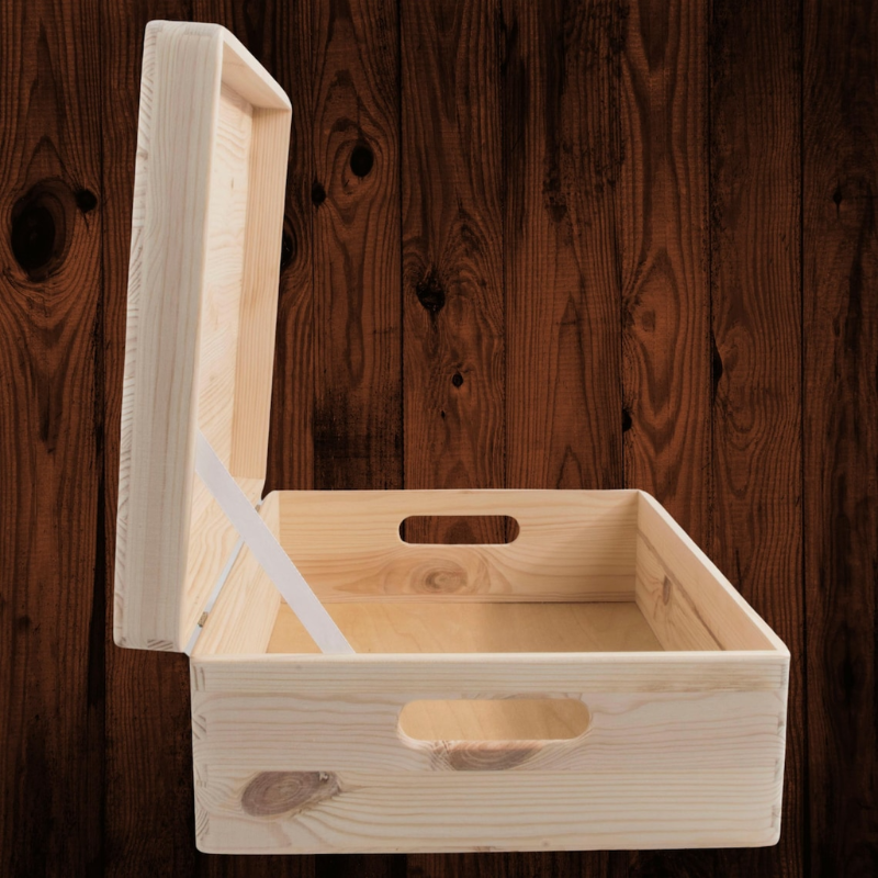 Large Shallow Unfinished Pine Wooden Storage Box with Hinged Lid & Cut-Out Handles