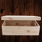 Large Shallow Unfinished Pine Wooden Storage Box with Hinged Lid & Cut-Out Handles