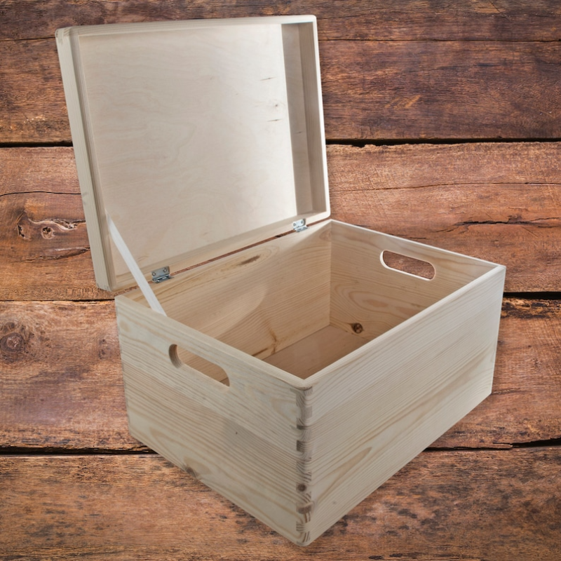 Large Unfinished Pine Wooden Storage Box with Hinged Lid & Cut-Out Handles | Toy Chest, Craft & Keepsake Storage
